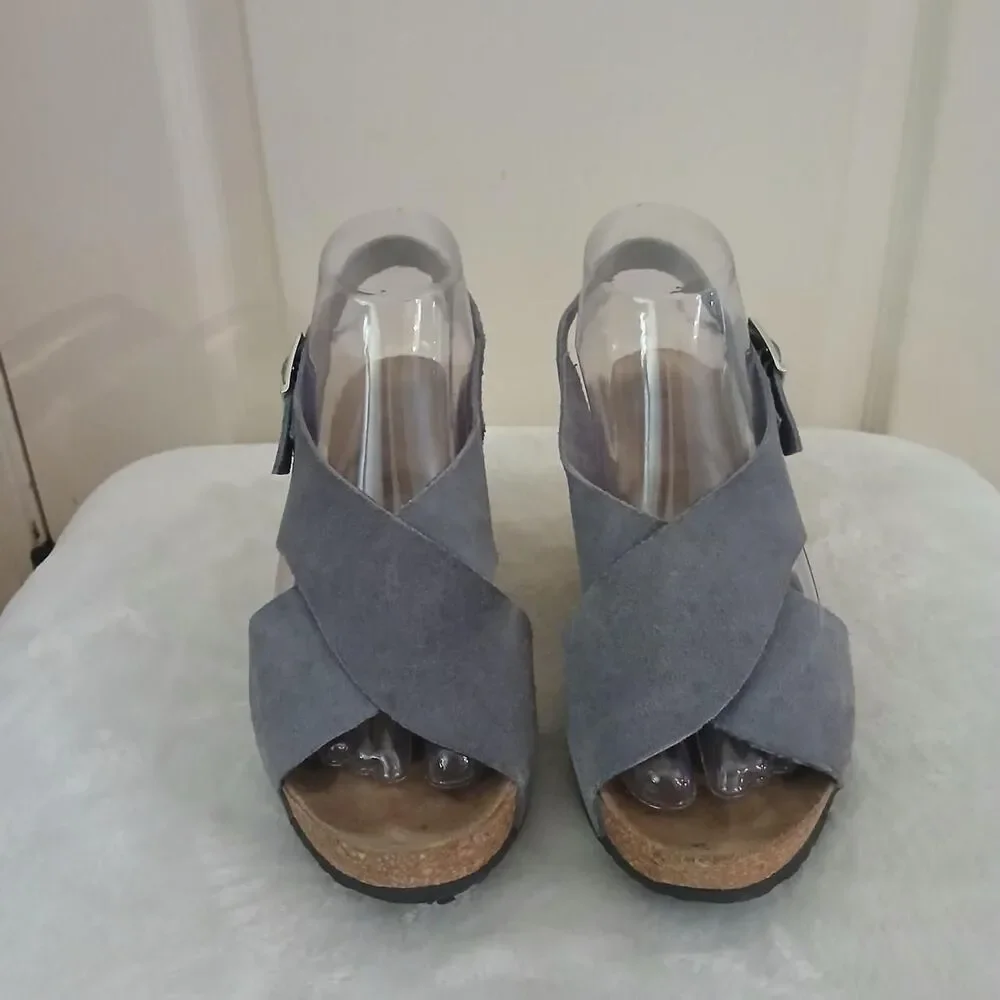 Y2K Vintage A. Giannetti Blue Suede Platform Cork Wedge Sandals Boho EuroSummer